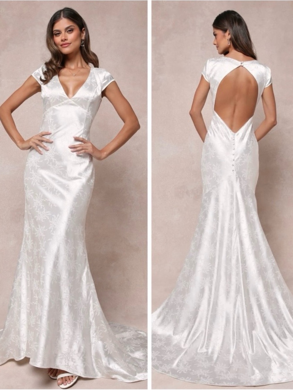 Lulu's Ivory V-Neck Cap Sleeve Satin Jacquard Wedding Gown - Picture 2 of 2